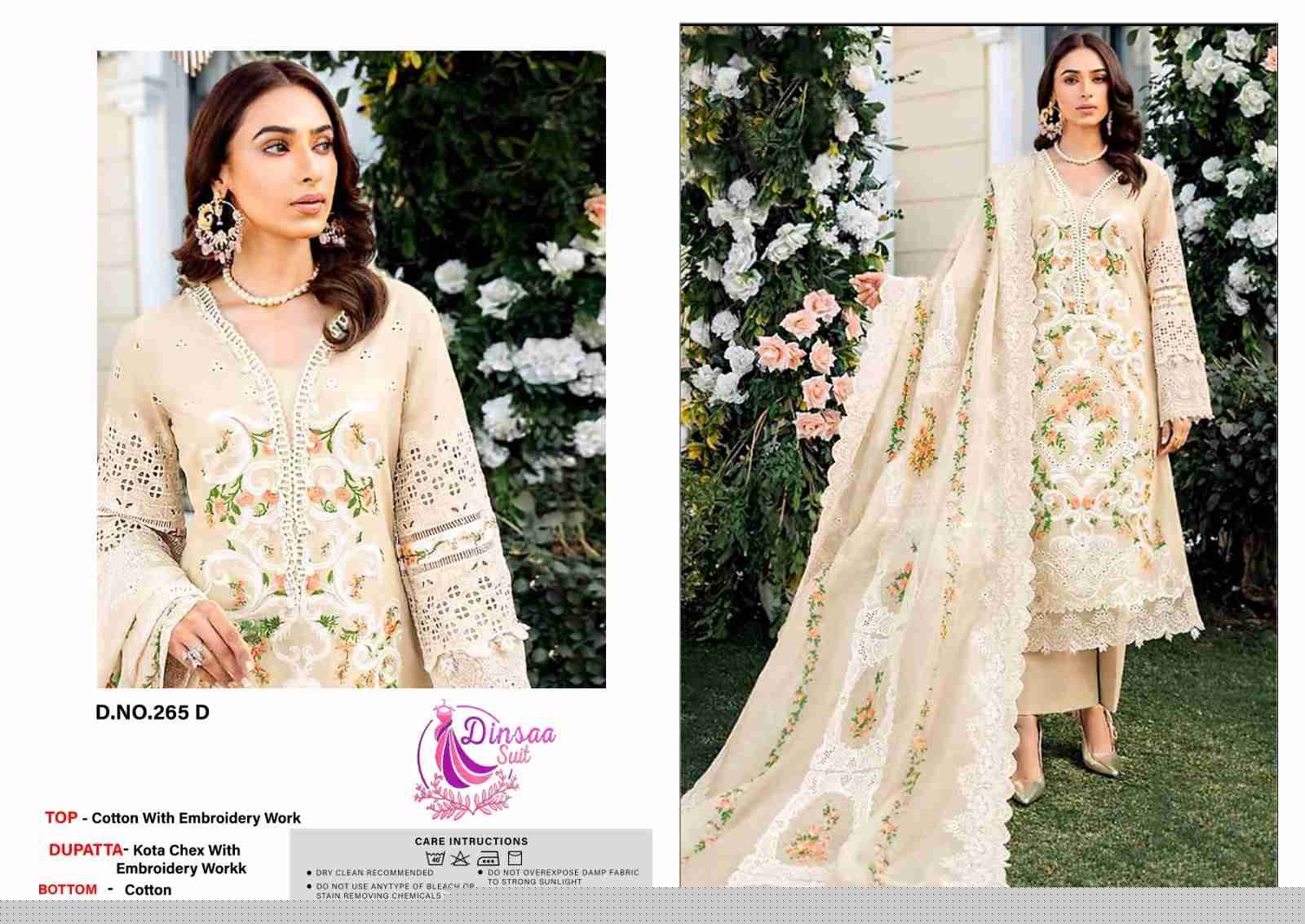 Dinsaa Hit Design 265 Colours By Dinsaa Suits 265-A To 265-D Series Beautiful Pakistani Suits Colorful Stylish Fancy Casual Wear & Ethnic Wear Cotton Embroidered Dresses At Wholesale Price