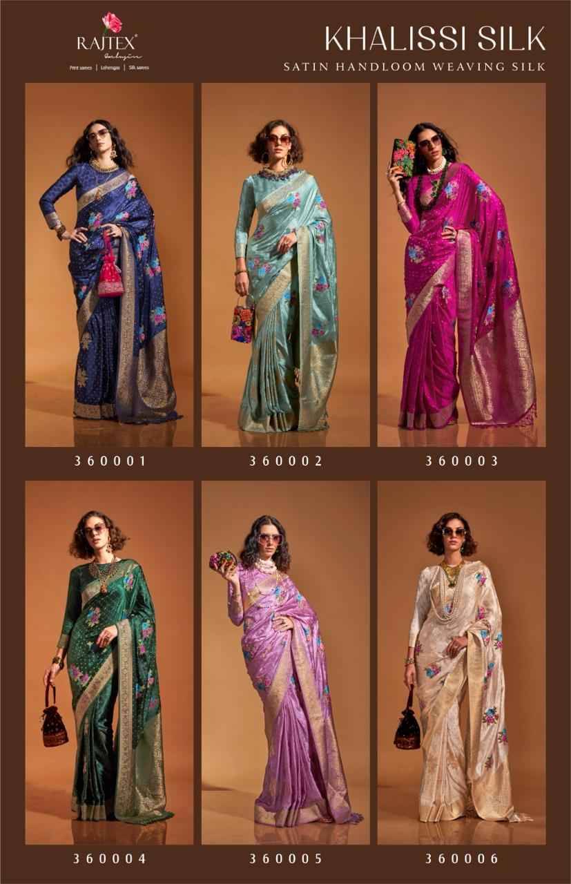 Khalissi Silk By Raj Tex 360001 To 360006 Series Indian Traditional Wear Collection Beautiful Stylish Fancy Colorful Party Wear & Occasional Wear Pure Silk Sarees At Wholesale Price