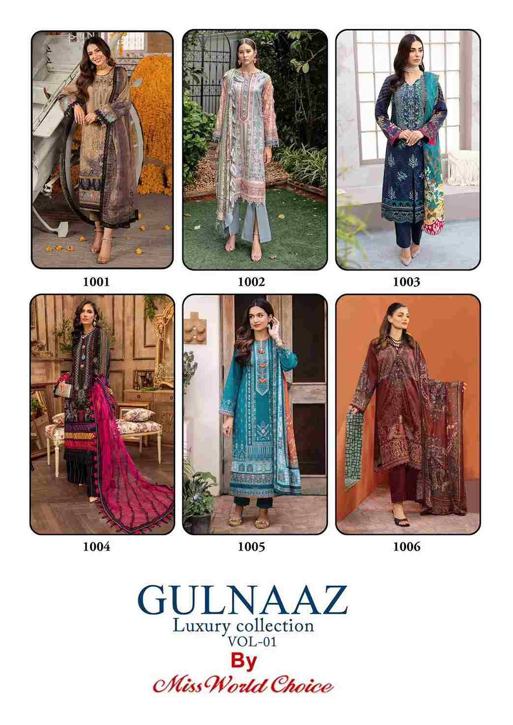 Gulnaaz Vol-1 By Miss World Choice 1001 To 1006 Series Beautiful Festive Suits Colorful Stylish Fancy Casual Wear & Ethnic Wear Pure Cotton Embroidered Dresses At Wholesale Price