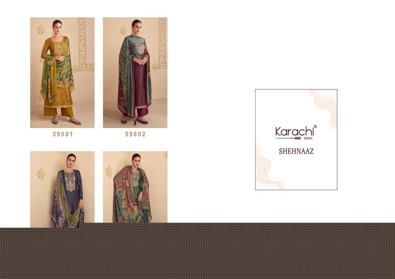 Shehnaaz By Karachi Prints 59001 To 59004 Series Beautiful Festive Suits Colorful Stylish Fancy Casual Wear & Ethnic Wear Pure Russian Silk Print With Work Dresses At Wholesale Price