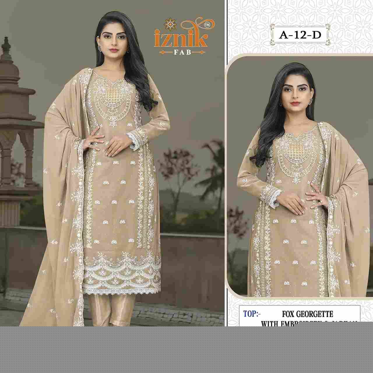 Iznik 12 Colours By Iznik Fab 12-A To 12-D Series Designer Pakistani Suits Beautiful Stylish Fancy Colorful Party Wear & Occasional Wear Faux Georgette With Embroidery Dresses At Wholesale Price