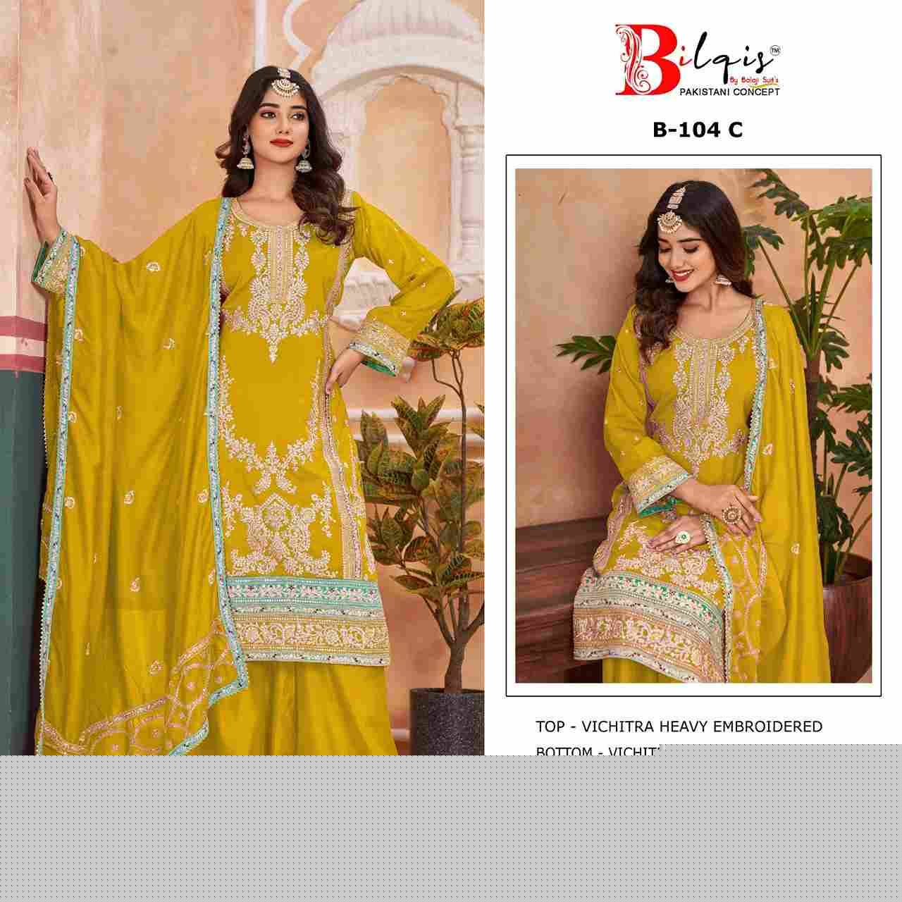 Bilqis 104 Colours By Bilqis 104-A To 104-C Series Beautiful Pakistani Suits Stylish Fancy Colorful Party Wear & Occasional Wear Vichitra Embroidery Dresses At Wholesale Price