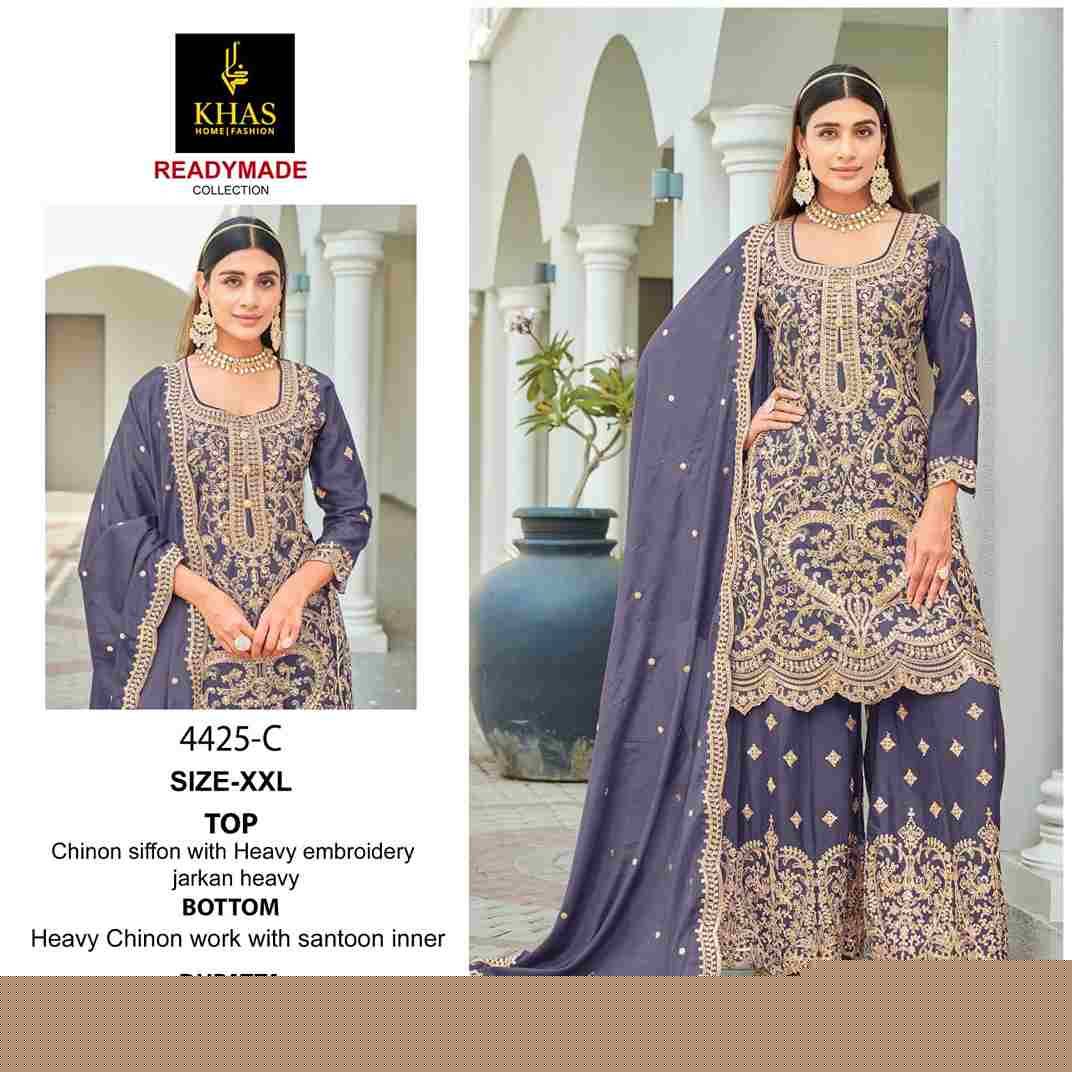 Khas 4425 Colours By Khas 4425-A To 4425-C Series Beautiful Pakistani Suits Colorful Stylish Fancy Casual Wear & Ethnic Wear Chinnon Silk Embroidered Dresses At Wholesale Price