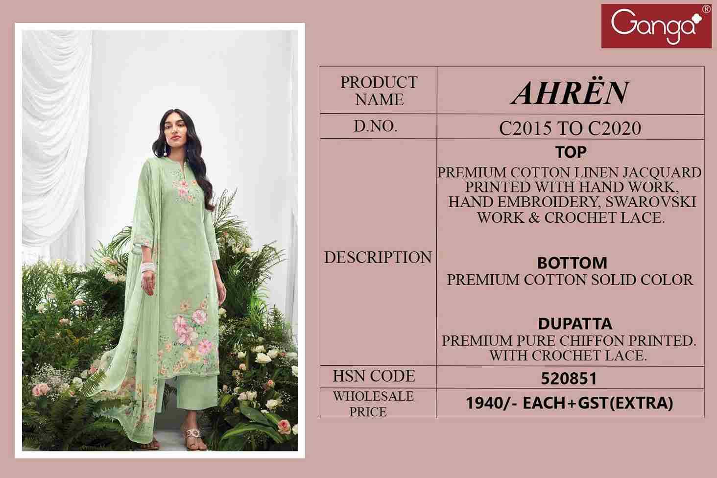 Ahren By Ganga Fashion 2015 To 2020 Series Beautiful Festive Suits Colorful Stylish Fancy Casual Wear & Ethnic Wear Cotton Linen Jacquard Dresses At Wholesale Price