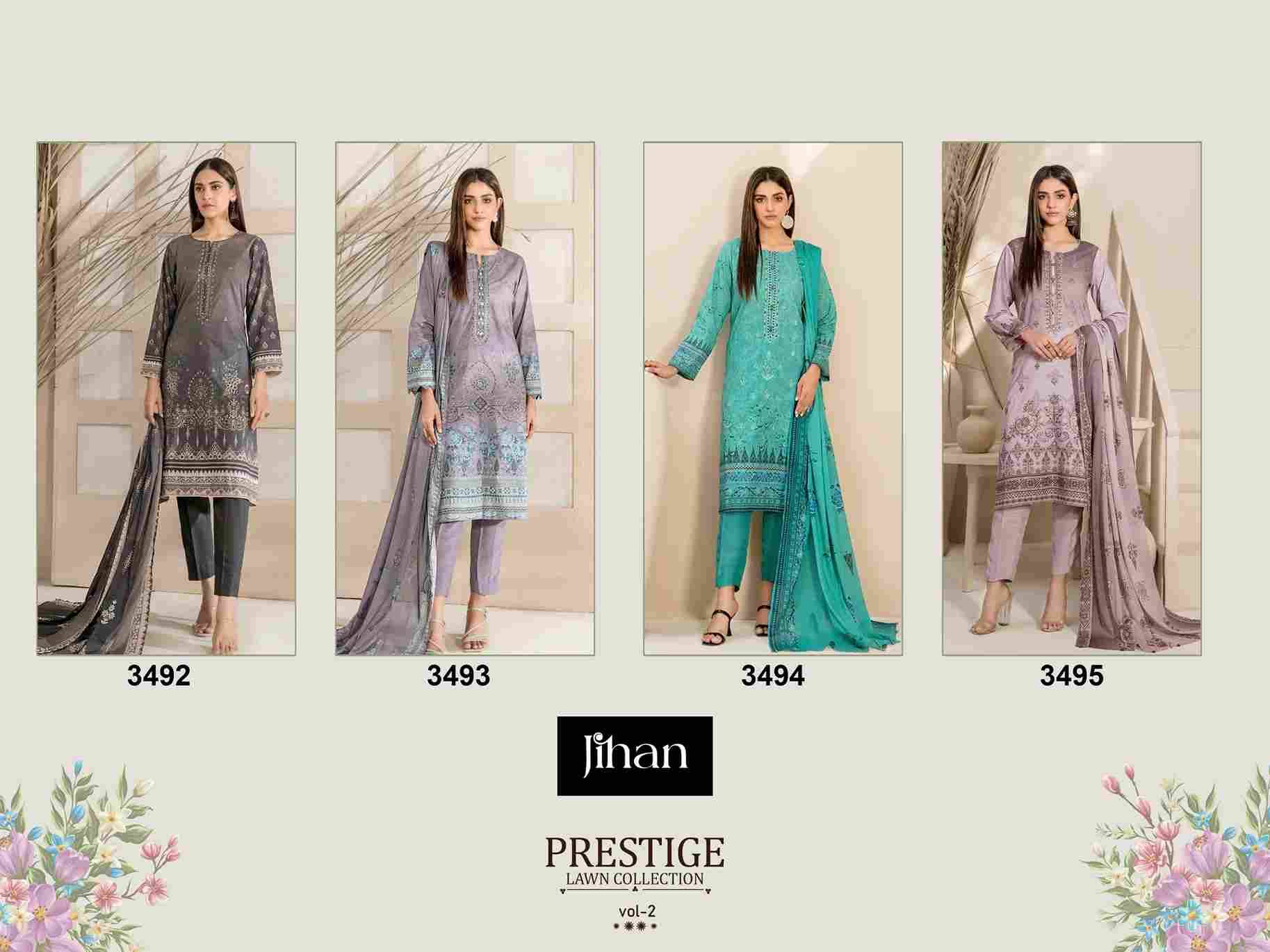 Prestige Lawn Collection Vol-2 By Jihan 3492 To 3495 Series Beautiful Stylish Pakistani Suits Fancy Colorful Casual Wear & Ethnic Wear & Ready To Wear Pure Lawn Print Dresses At Wholesale Price