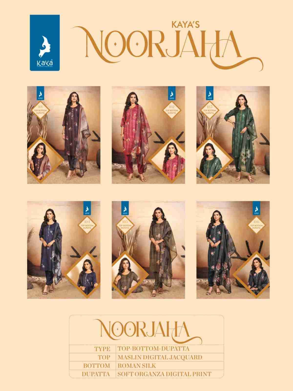 Noorjaha By Kaya 101 To 106 Series Festive Suits Collection Beautiful Stylish Fancy Colorful Party Wear & Occasional Wear Muslin Digital Jacquard Dresses At Wholesale Price