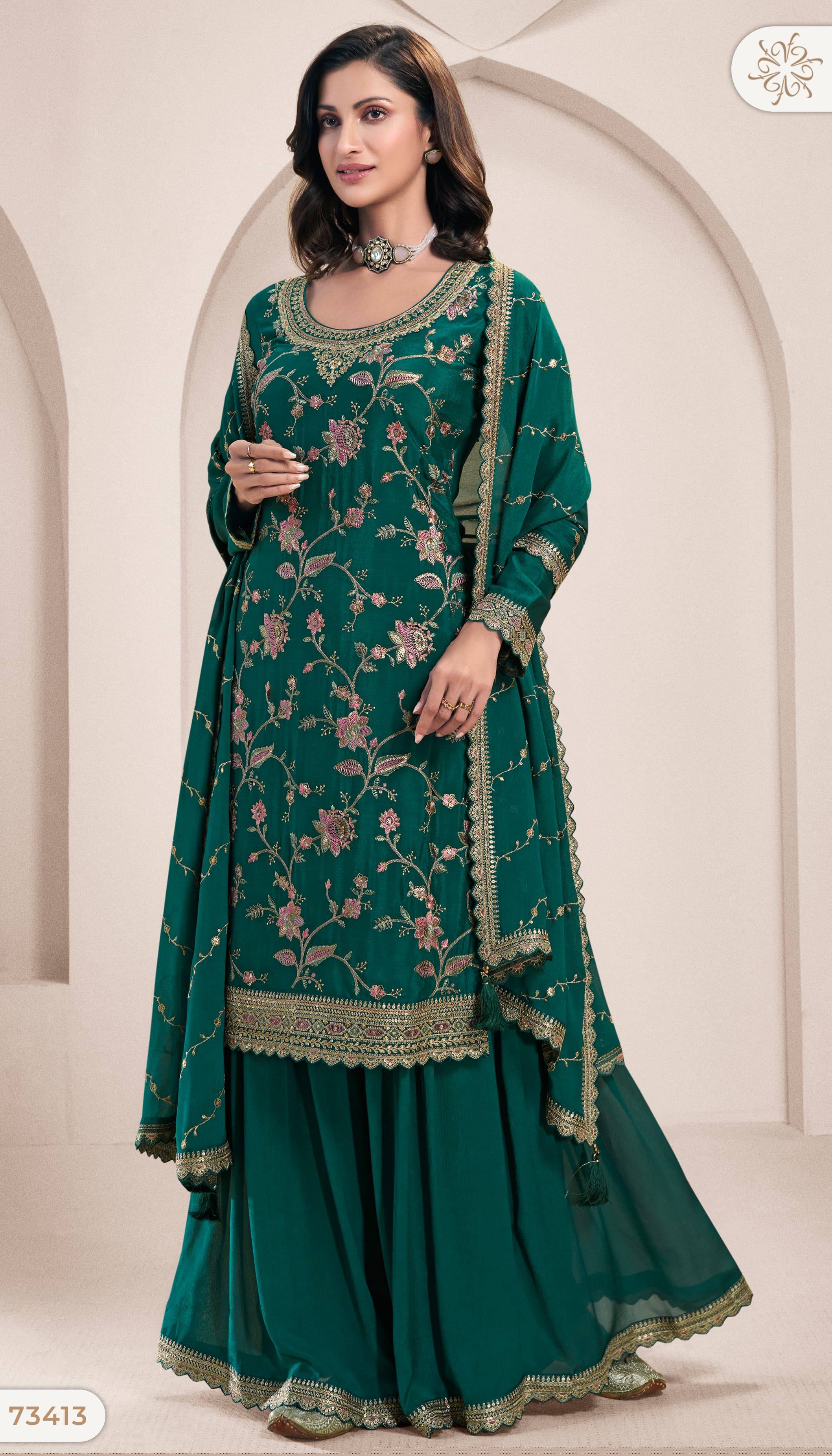 Lekha By Vinay Fashion 73411 To 73414 Series Designer Festive Suits Collection Beautiful Stylish Fancy Colorful Party Wear & Occasional Wear Embroidered Chinnon Dresses At Wholesale Price