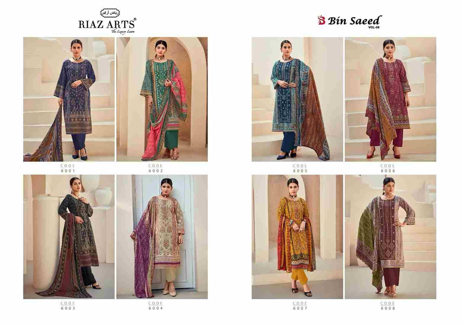 Bin Saeed Vol-6 By Riaz Arts 6001 To 6008 Series Beautiful Festive Suits Stylish Fancy Colorful Casual Wear & Ethnic Wear Pure Lawn Cotton Print Dresses At Wholesale Price