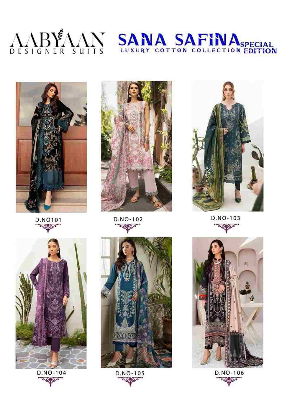 Sana Safina Special Edition By Aabyaan 101 To 106 Series Beautiful Stylish Festive Suits Fancy Colorful Casual Wear & Ethnic Wear & Ready To Wear Pure Cotton Dresses At Wholesale Price
