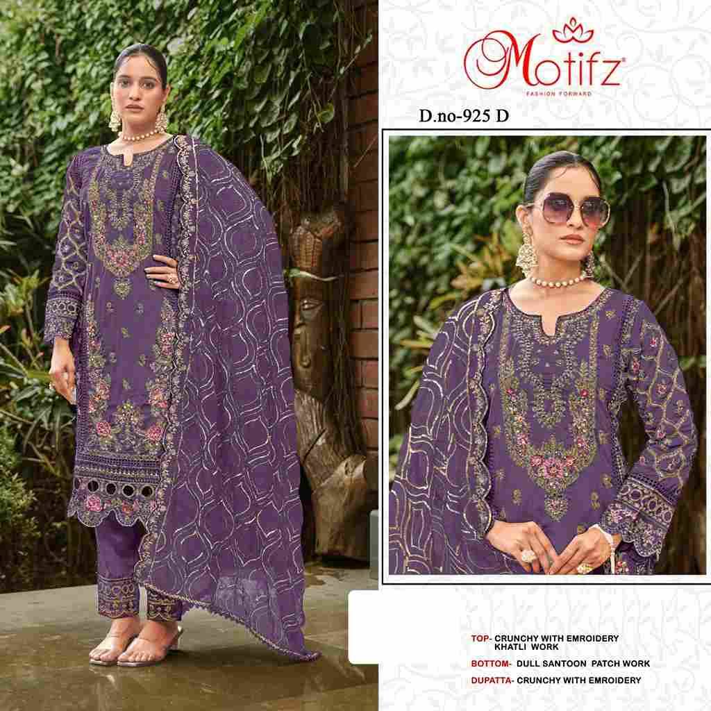 Motifz Hit Design 925 Colours By Motifz 925-A To 925-D Series Beautiful Pakistani Suits Colorful Stylish Fancy Casual Wear & Ethnic Wear Crunchy Embroidered Dresses At Wholesale Price