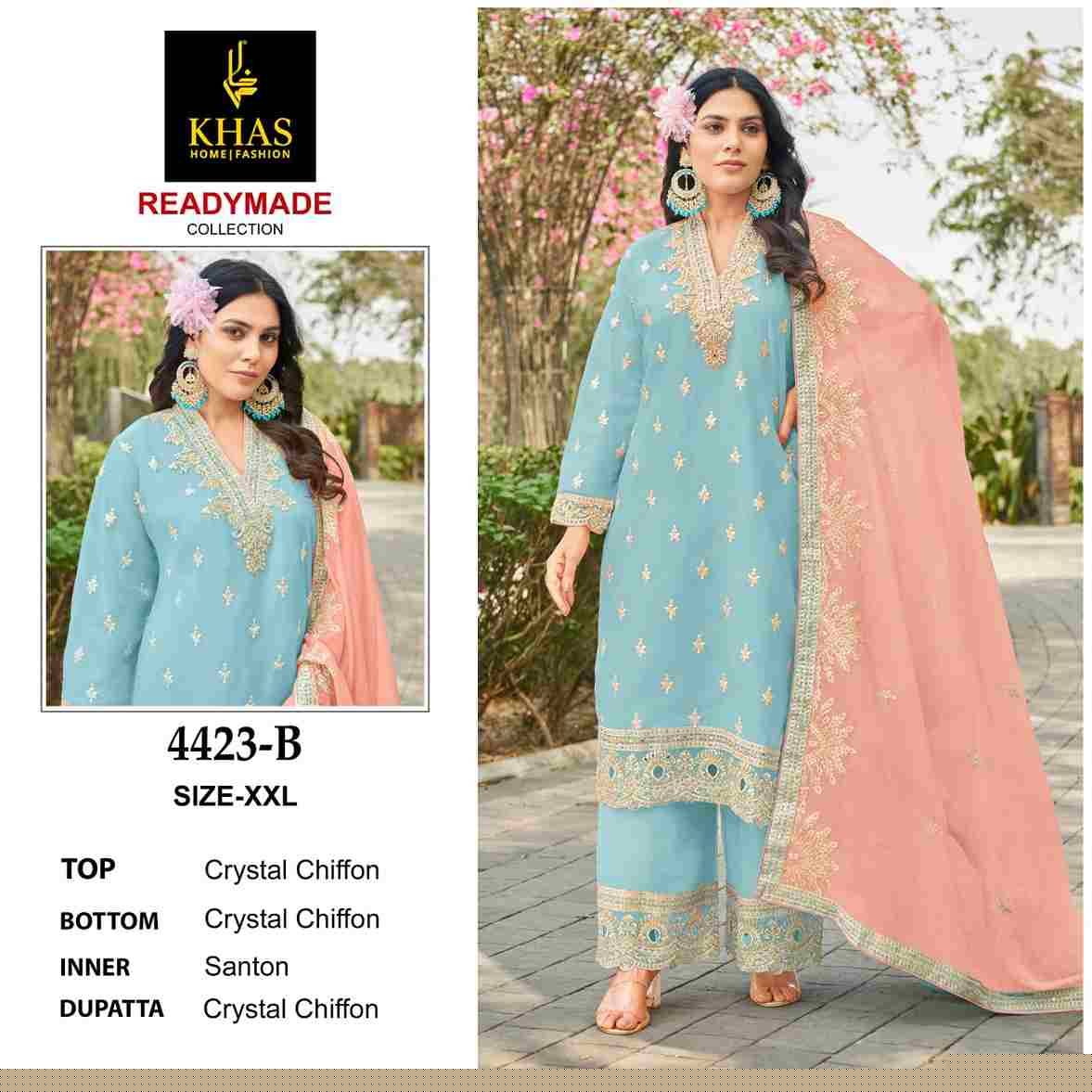 Khas 4423 Colours By Khas 4423-A To 4423-B Series Beautiful Pakistani Suits Colorful Stylish Fancy Casual Wear & Ethnic Wear Chiffon Embroidered Dresses At Wholesale Price