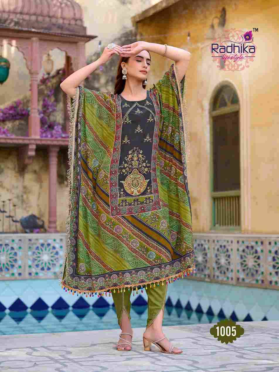 Noor Vol-1 By Radhika Lifestyle 1001 To 1008 Series Designer Pakistani Suits Collection Beautiful Stylish Fancy Colorful Party Wear & Occasional Wear Pure Crepe Kaftan With Bottom At Wholesale Price