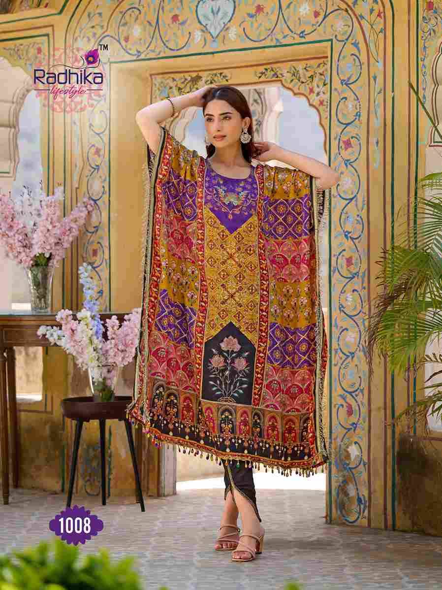 Noor Vol-1 By Radhika Lifestyle 1001 To 1008 Series Designer Pakistani Suits Collection Beautiful Stylish Fancy Colorful Party Wear & Occasional Wear Pure Crepe Kaftan With Bottom At Wholesale Price