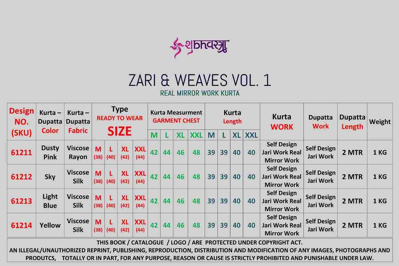 Zari And Weaves Vol-1 By Shubhvastra 61211 To 61214 Series Beautiful Colorful Stylish Fancy Casual Wear & Ethnic Wear & Ready To Wear Viscose Silk/Viscose Rayon Kurtas With Dupatta At Wholesale Price