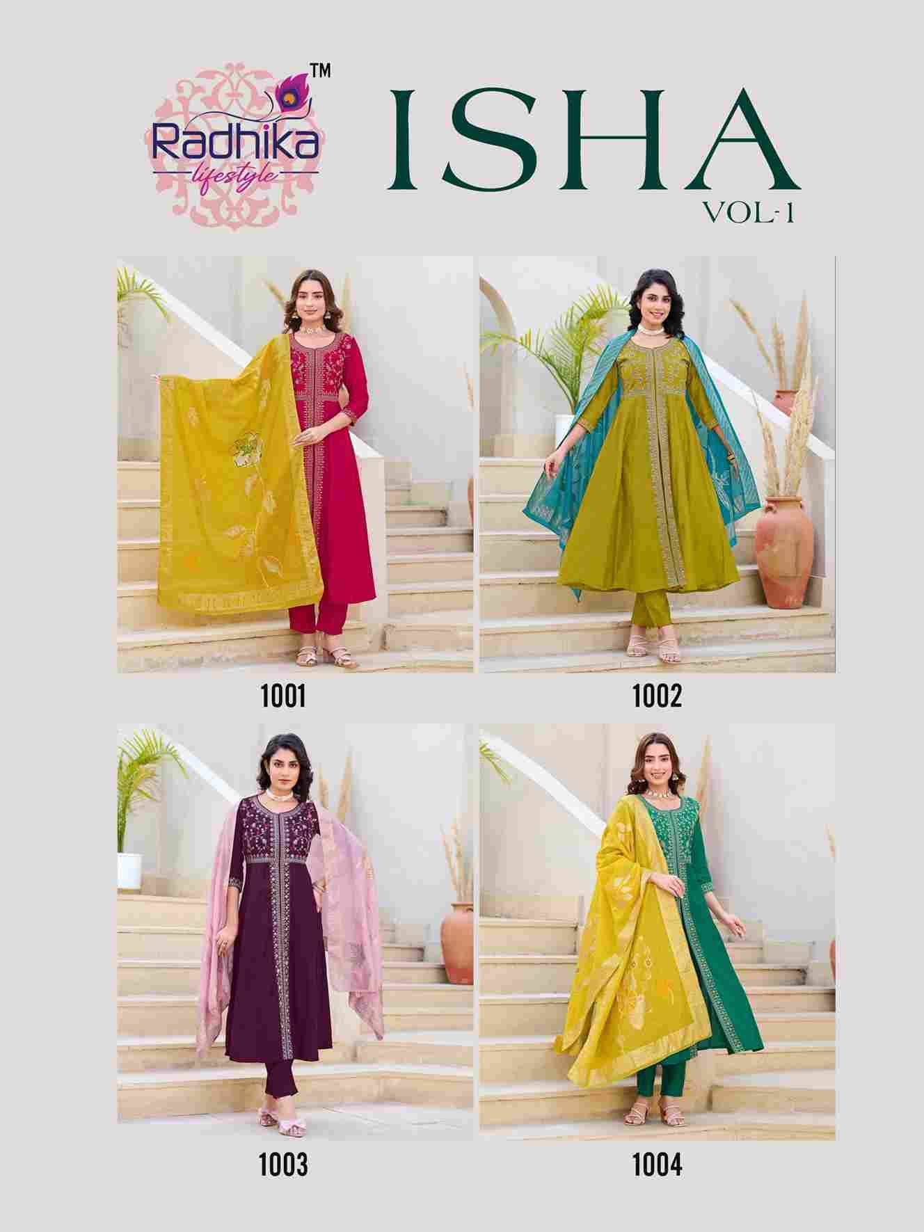 Isha Vol-1 By Radhika Lifestyle 1001 To 1004 Series Beautiful Festive Suits Colorful Stylish Fancy Casual Wear & Ethnic Wear Roman Silk Dresses At Wholesale Price