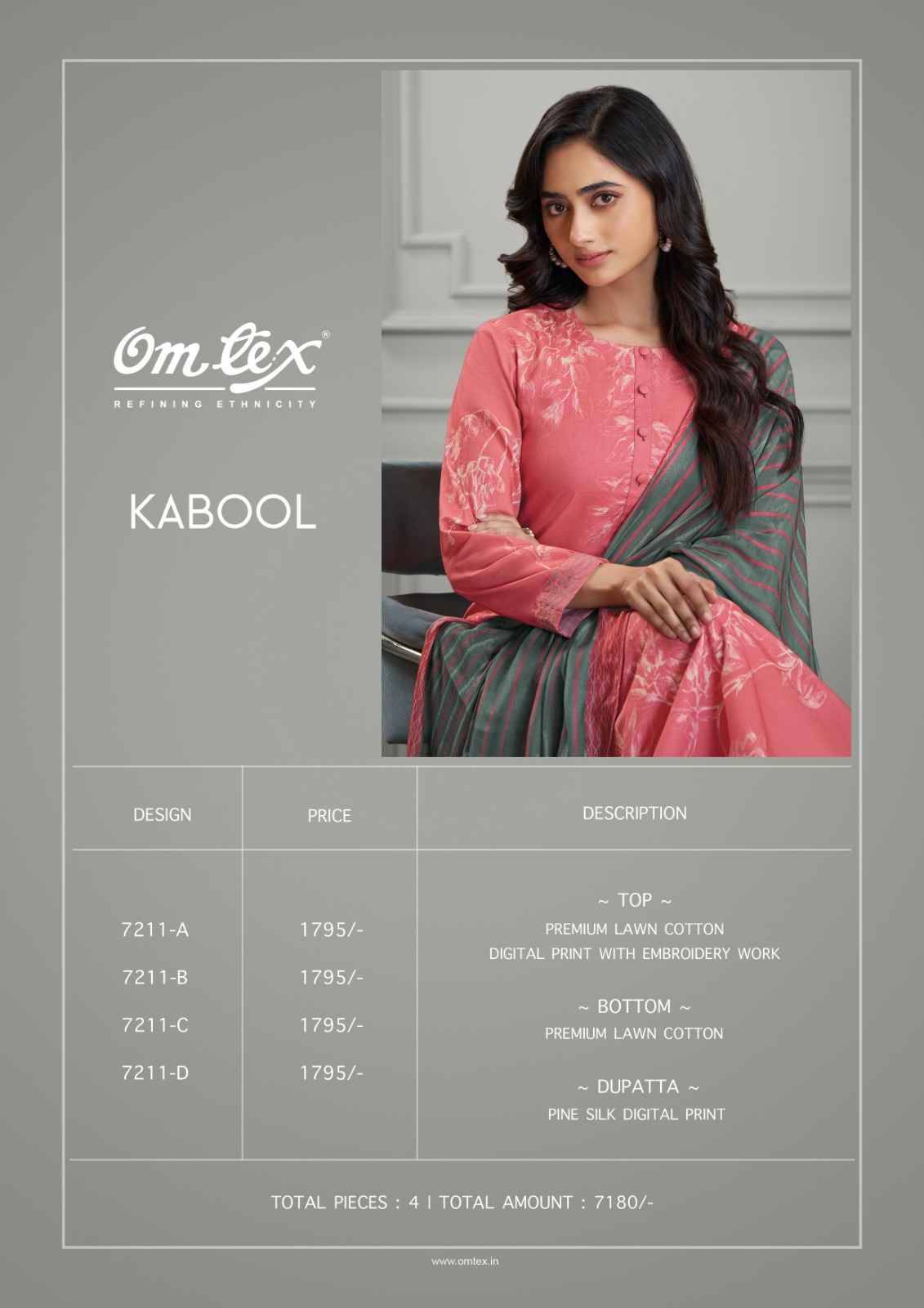 Kabool By Om Tex 7211-A To 7211-D Series Beautiful Suits Stylish Fancy Colorful Party Wear & Ethnic Wear Lawn Cotton Dresses At Wholesale Price