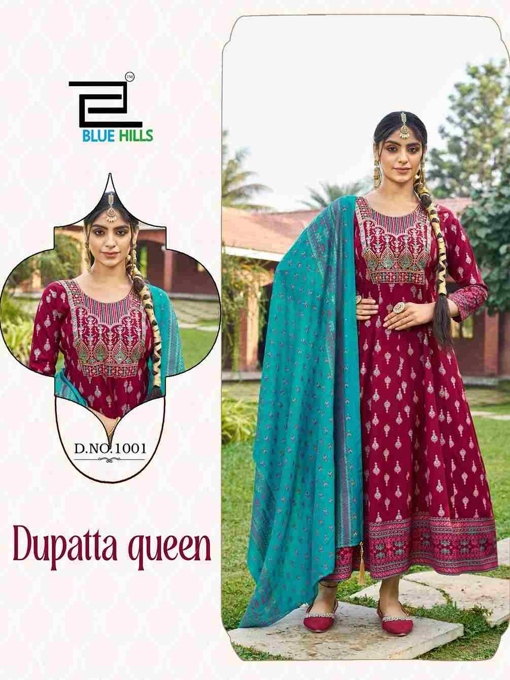 Dupatta Queen By Blue Hills 1001 To 1008 Series Designer Stylish Fancy Colorful Beautiful Party Wear & Ethnic Wear Collection Rayon Foil Gowns With Dupatta At Wholesale Price