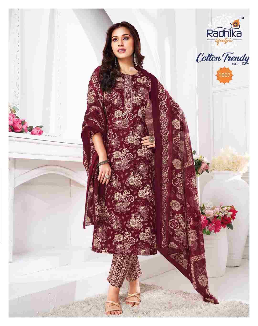 Cotton Trendy Vol-1 By Radhika Lifestyle 1001 To 1008 Series Beautiful Festive Suits Colorful Stylish Fancy Casual Wear & Ethnic Wear Pure Cotton Print Dresses At Wholesale Price