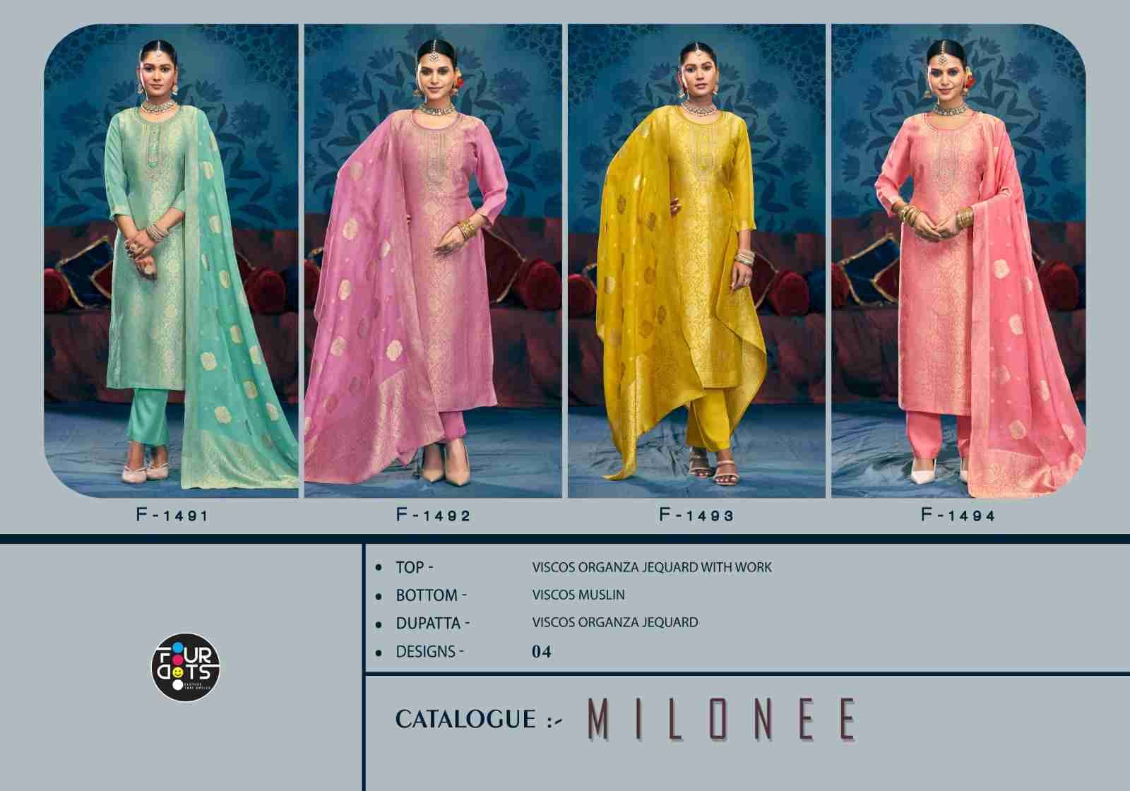 Milonee By Four Dots 1491 To 1494 Series Beautiful Stylish Festive Suits Fancy Colorful Casual Wear & Ethnic Wear & Ready To Wear Viscose Organza Jacquard Dresses At Wholesale Price