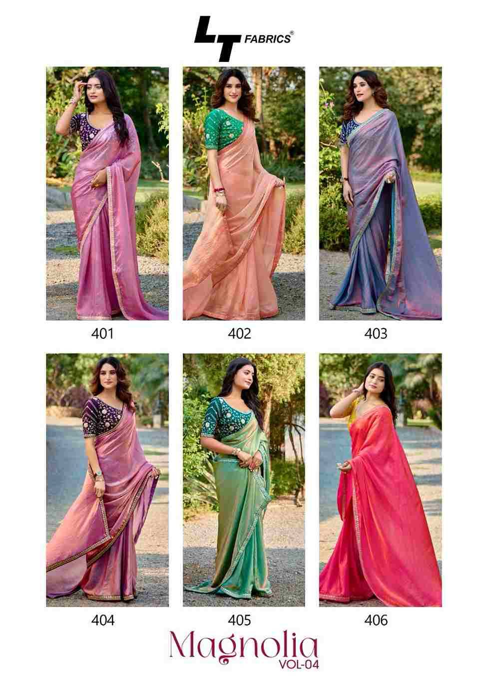 Magnolia Vol-4 By LT Fabrics 401 To 406 Series Indian Traditional Wear Collection Beautiful Stylish Fancy Colorful Party Wear & Occasional Wear Malai Silk Sarees At Wholesale Price