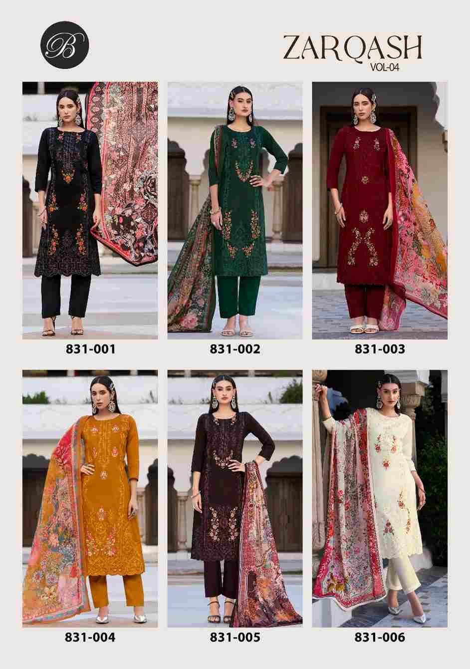 Zarqash Vol-4 By Belliza 831-001 To 831-006 Series Beautiful Festive Suits Stylish Fancy Colorful Casual Wear & Ethnic Wear Pure Jam Print Dresses At Wholesale Price