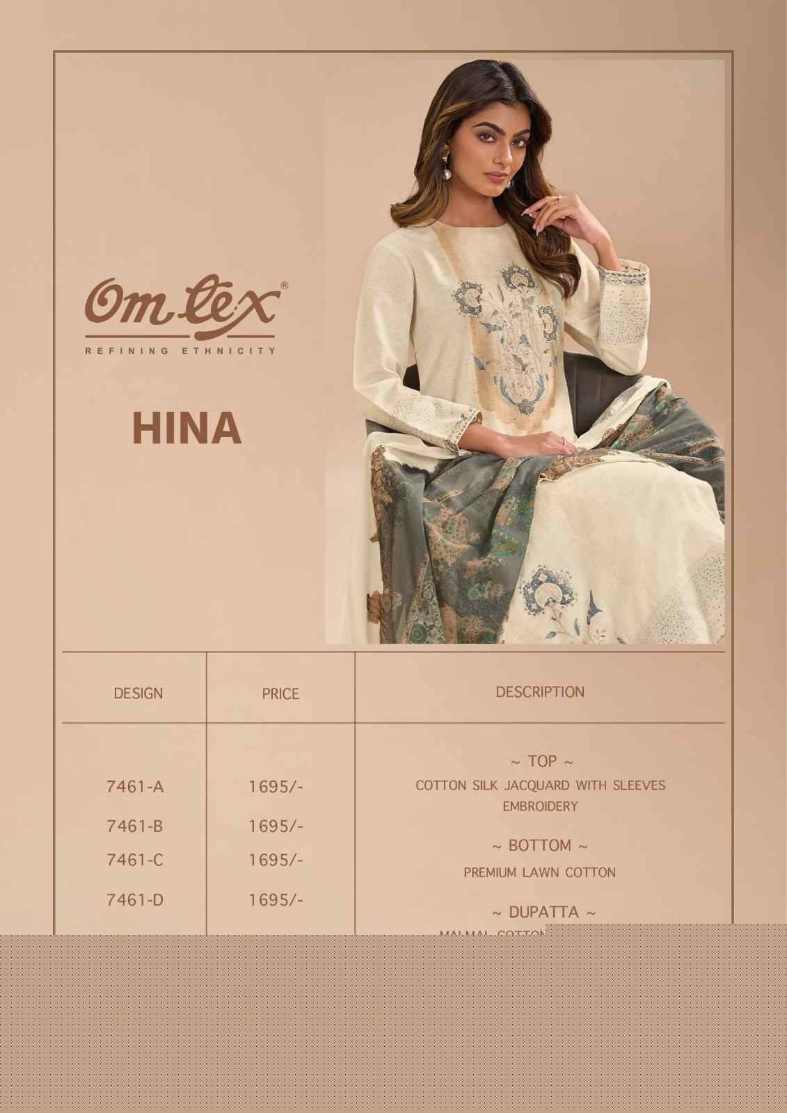 Hina By Om Tex 7461-A To 7461-D Series Beautiful Suits Stylish Fancy Colorful Party Wear & Ethnic Wear Cotton Silk Jacquard Dresses At Wholesale Price
