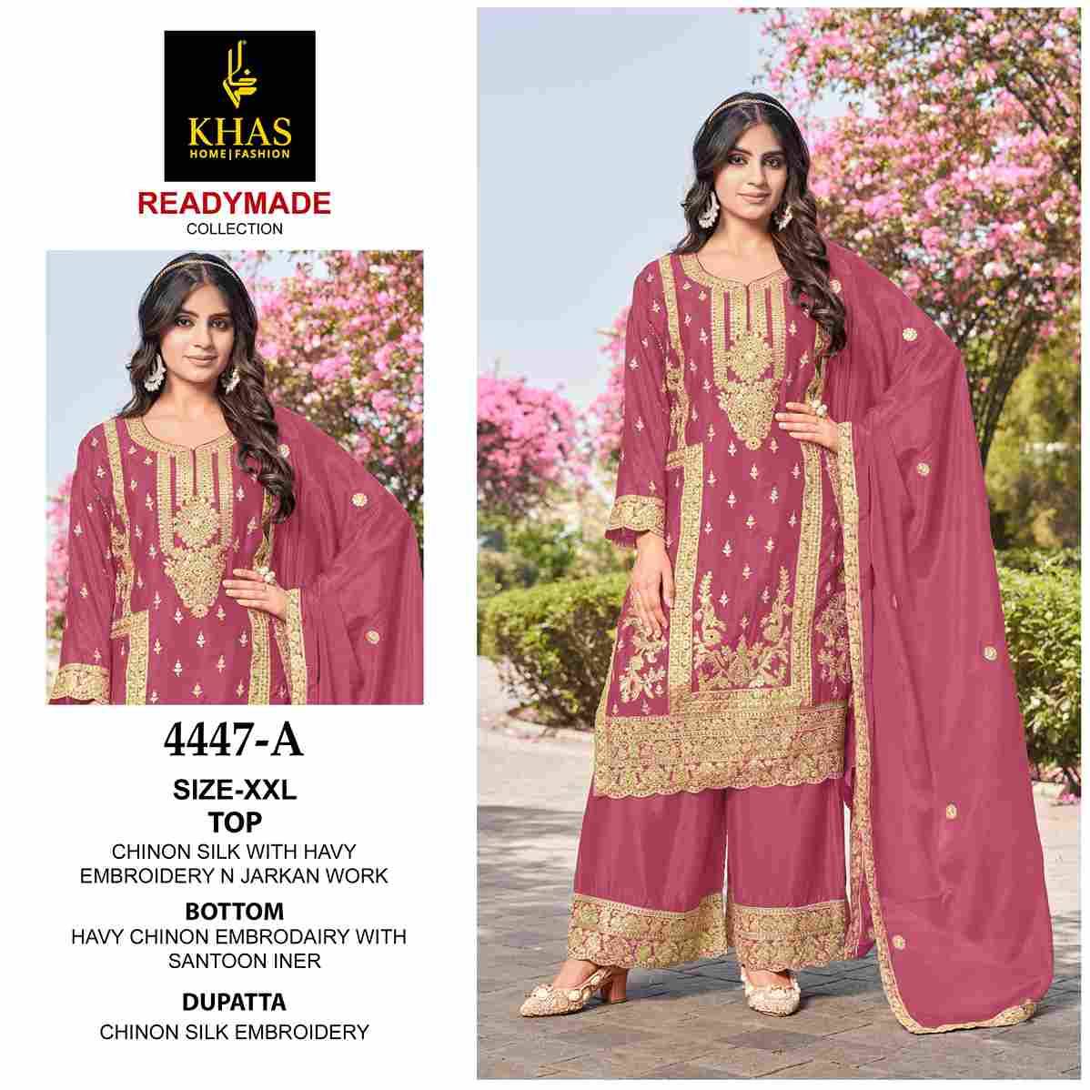 Khas 4447 Colours By Khas 4447-A To 4447-C Series Beautiful Pakistani Suits Colorful Stylish Fancy Casual Wear & Ethnic Wear Chinnon Silk Embroidered Dresses At Wholesale Price