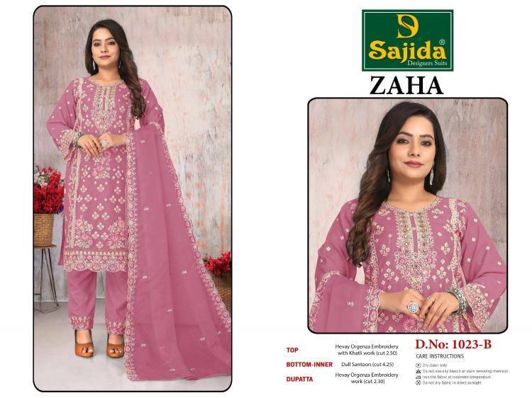 Zaha Vol-2 By Sajida Designer Suits 1023-A To 1023-D Series Beautiful Pakistani Suits Colorful Stylish Fancy Casual Wear & Ethnic Wear Heavy Organza Embroidered Dresses At Wholesale Price