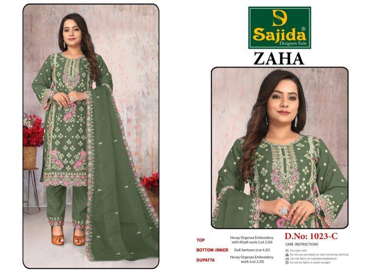 Zaha Vol-2 By Sajida Designer Suits 1023-A To 1023-D Series Beautiful Pakistani Suits Colorful Stylish Fancy Casual Wear & Ethnic Wear Heavy Organza Embroidered Dresses At Wholesale Price