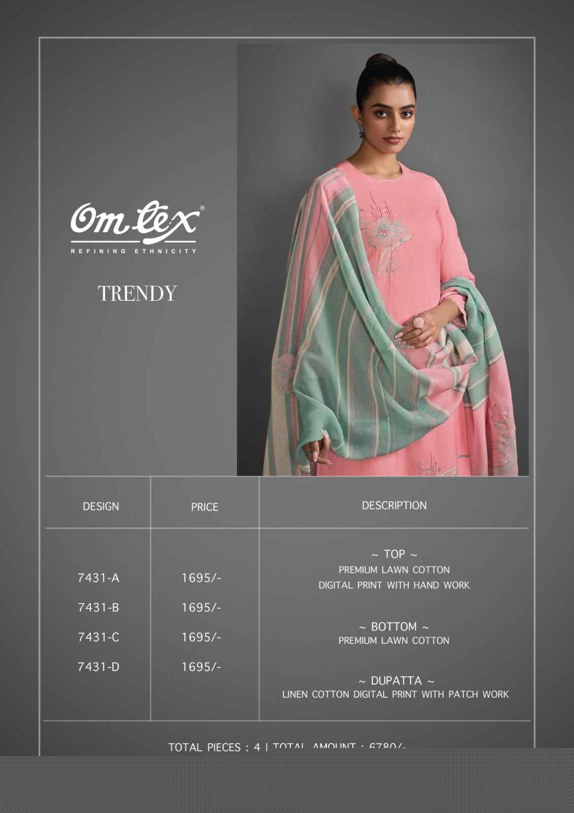 Trendy By Om Tex 7431-A To 7431-D Series Beautiful Suits Stylish Fancy Colorful Party Wear & Ethnic Wear Lawn Cotton Dresses At Wholesale Price