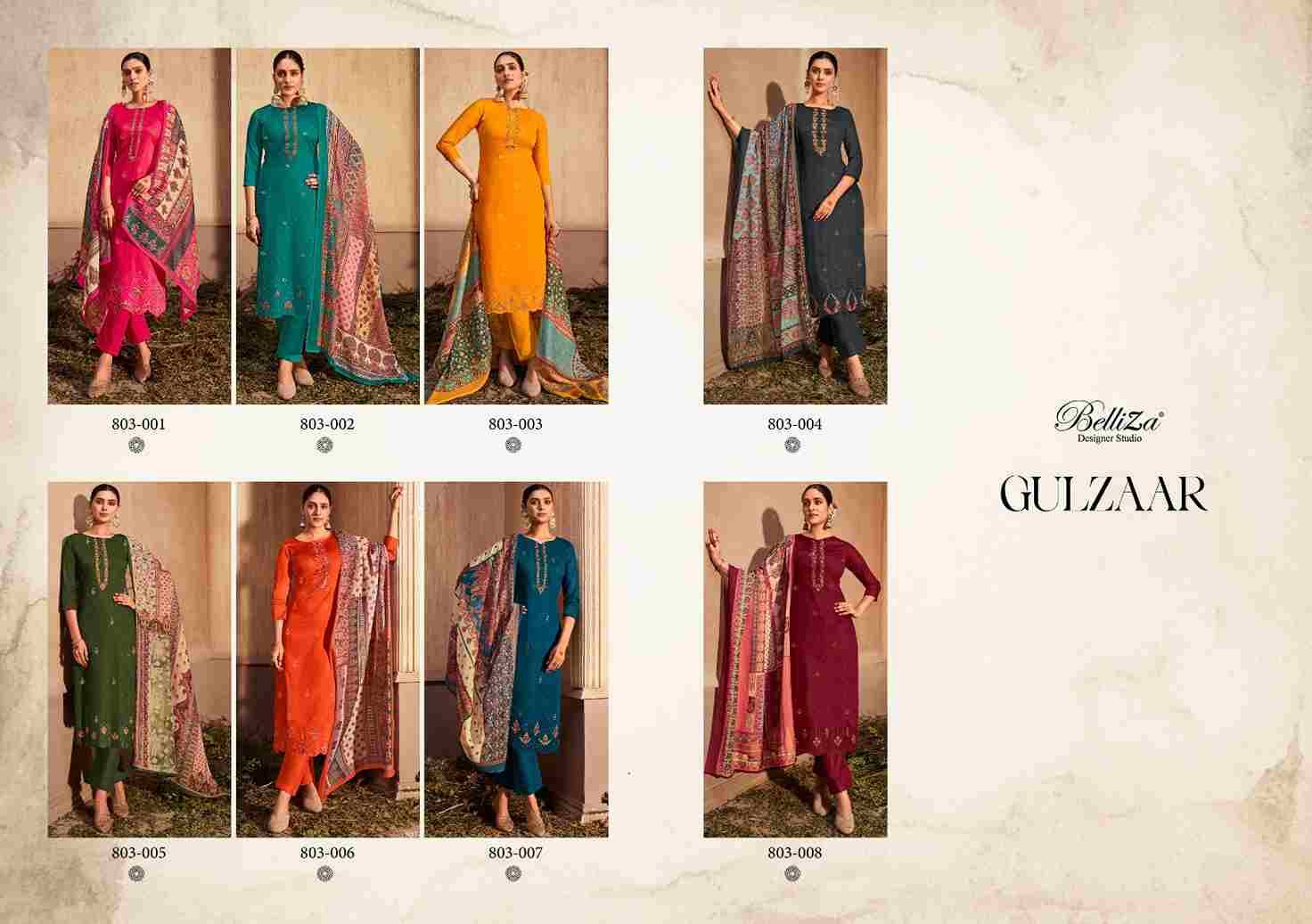 Gulzaar By Belliza 803-001 To 803-008 Series Beautiful Suits Colorful Stylish Fancy Casual Wear & Ethnic Wear Pure Jam Print With Embroidered Dresses At Wholesale Price