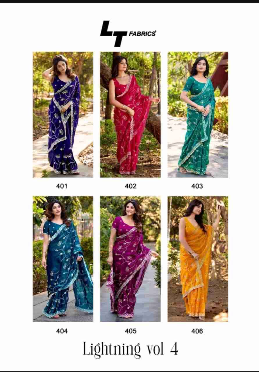 Lightning Vol-4 By LT Fabrics 401 To 406 Series Indian Traditional Wear Collection Beautiful Stylish Fancy Colorful Party Wear & Occasional Wear Malai Silk Sarees At Wholesale Price