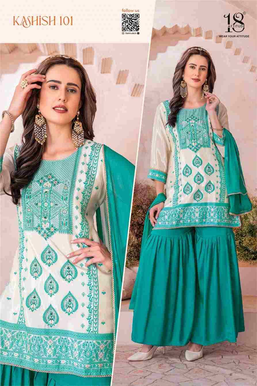 Kashish By 18 Attitude 101 To 105 Series Designer Sharara Suits Collection Beautiful Stylish Fancy Colorful Party Wear & Occasional Wear Chinnon Dresses At Wholesale Price