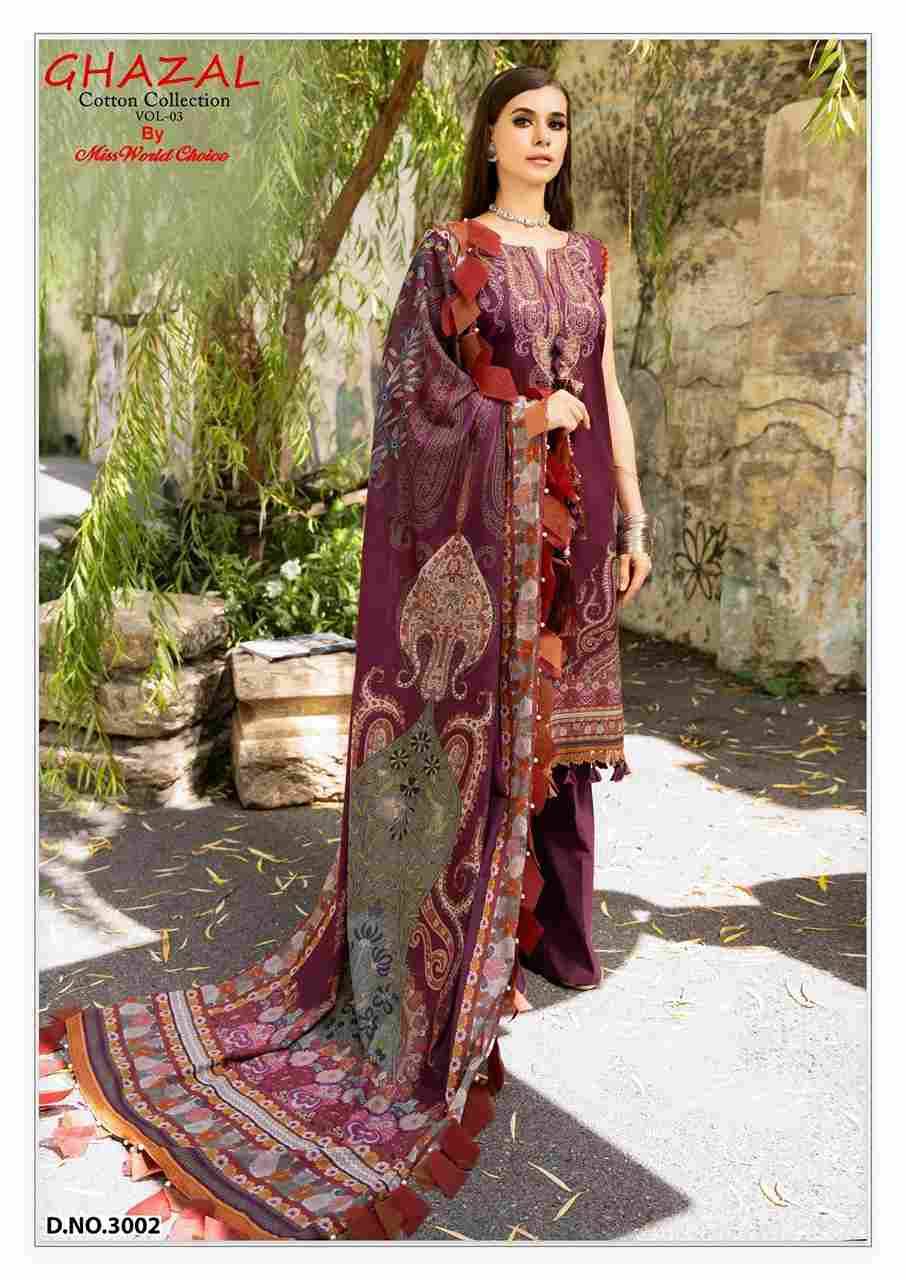 Ghazal Vol-3 By Miss World Choice 3001 To 3006 Series Beautiful Festive Suits Colorful Stylish Fancy Casual Wear & Ethnic Wear Pure Cotton Embroidered Dresses At Wholesale Price
