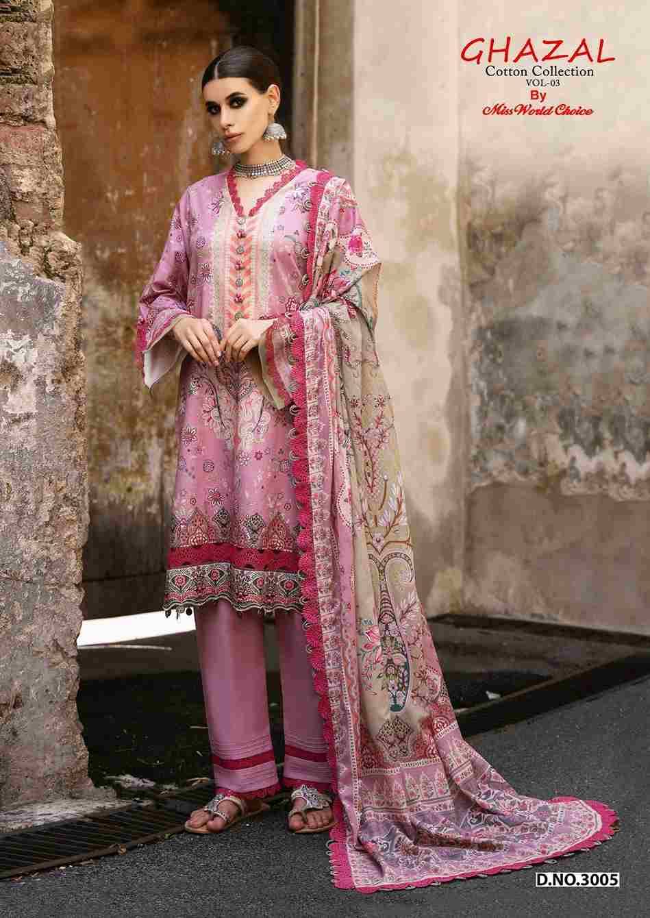 Ghazal Vol-3 By Miss World Choice 3001 To 3006 Series Beautiful Festive Suits Colorful Stylish Fancy Casual Wear & Ethnic Wear Pure Cotton Embroidered Dresses At Wholesale Price
