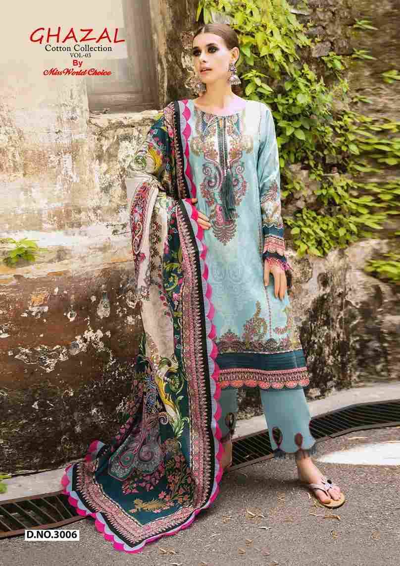 Ghazal Vol-3 By Miss World Choice 3001 To 3006 Series Beautiful Festive Suits Colorful Stylish Fancy Casual Wear & Ethnic Wear Pure Cotton Embroidered Dresses At Wholesale Price