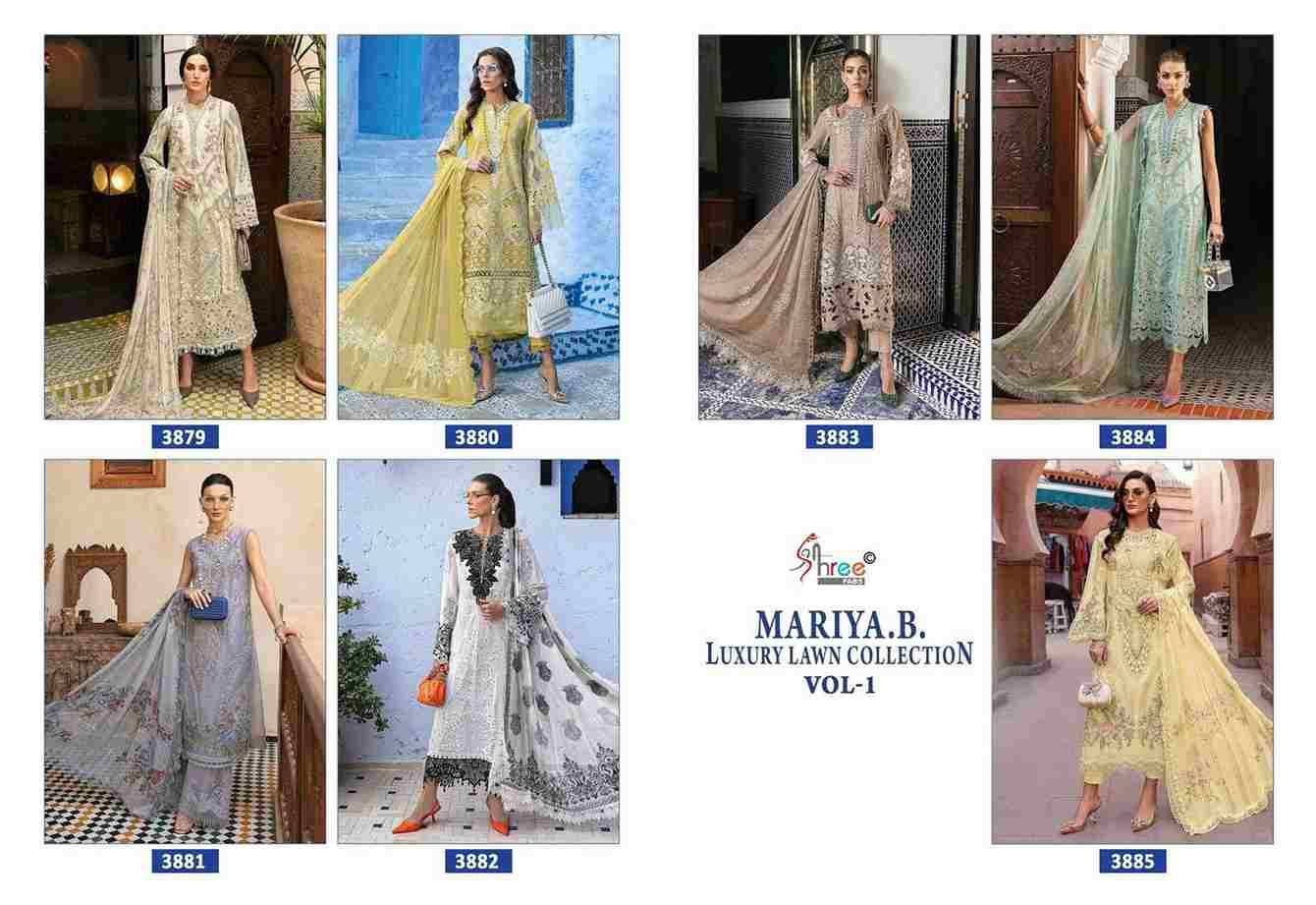 Mariya.B. Luxury Lawn Collection Vol-1 By Shree Fabs 3879 To 3885 Series Designer Pakistani Suits Collection Beautiful Stylish Fancy Colorful Party Wear & Ethnic Wear Pure Viscose With Pure Cotton With Embroidery Dresses At Wholesale Price