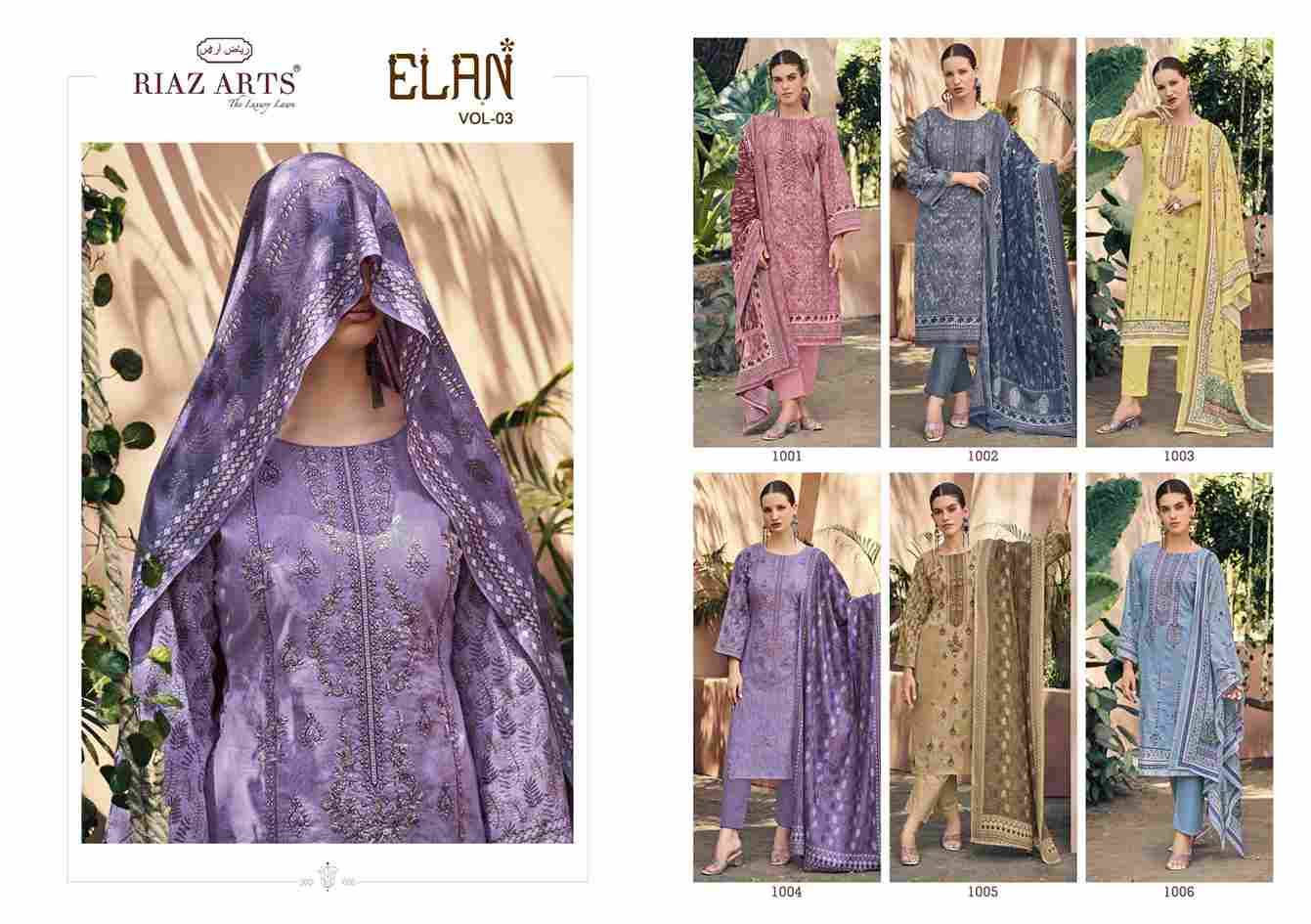 Elan Vol-3 By Riaz Arts 1001 To 1006 Series Beautiful Festive Suits Stylish Fancy Colorful Casual Wear & Ethnic Wear Pure Lawn Cotton Print Dresses At Wholesale Price