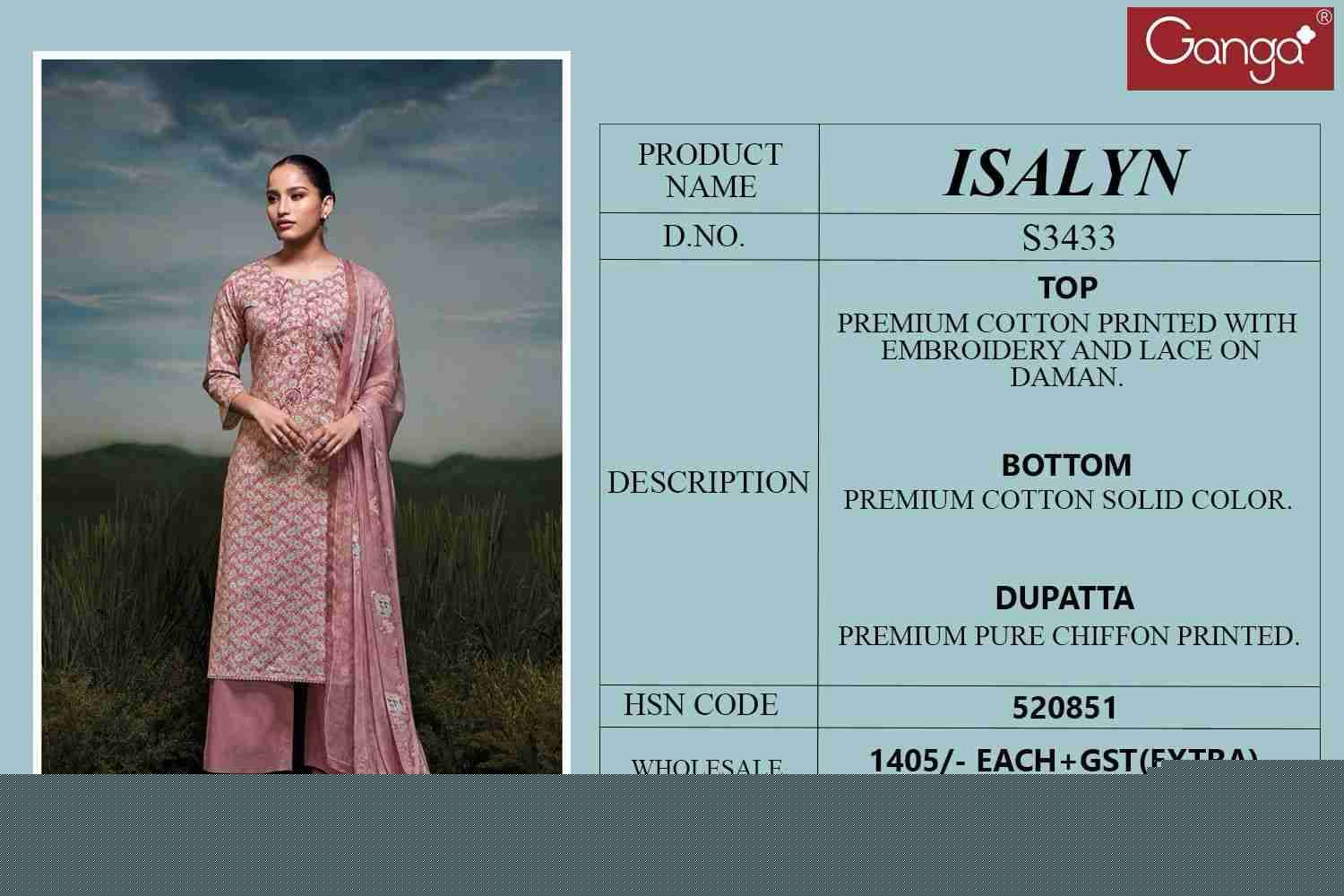 Isalyn-3433 By Ganga Fashion 3433-A To 3433-C Series Beautiful Festive Suits Colorful Stylish Fancy Casual Wear & Ethnic Wear Cotton Dresses At Wholesale Price