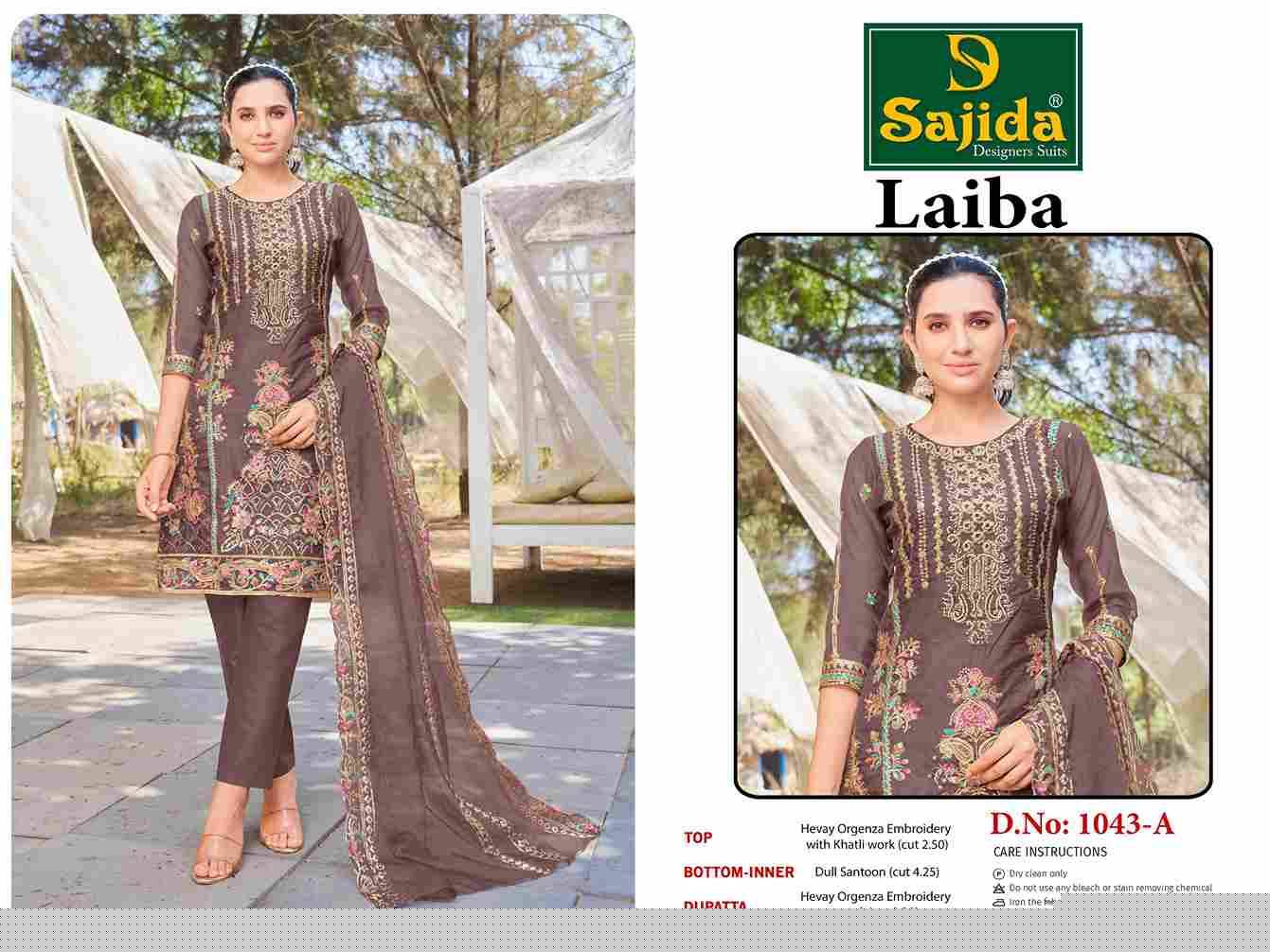 Laiba By Sajida Designer Suits 1043-A To 1043-D Series Beautiful Pakistani Suits Colorful Stylish Fancy Casual Wear & Ethnic Wear Heavy Organza Embroidered Dresses At Wholesale Price