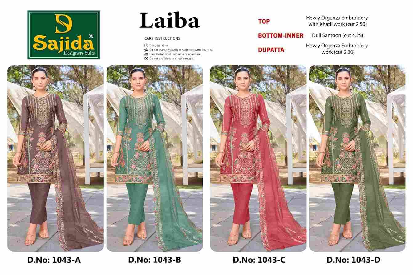 Laiba By Sajida Designer Suits 1043-A To 1043-D Series Beautiful Pakistani Suits Colorful Stylish Fancy Casual Wear & Ethnic Wear Heavy Organza Embroidered Dresses At Wholesale Price