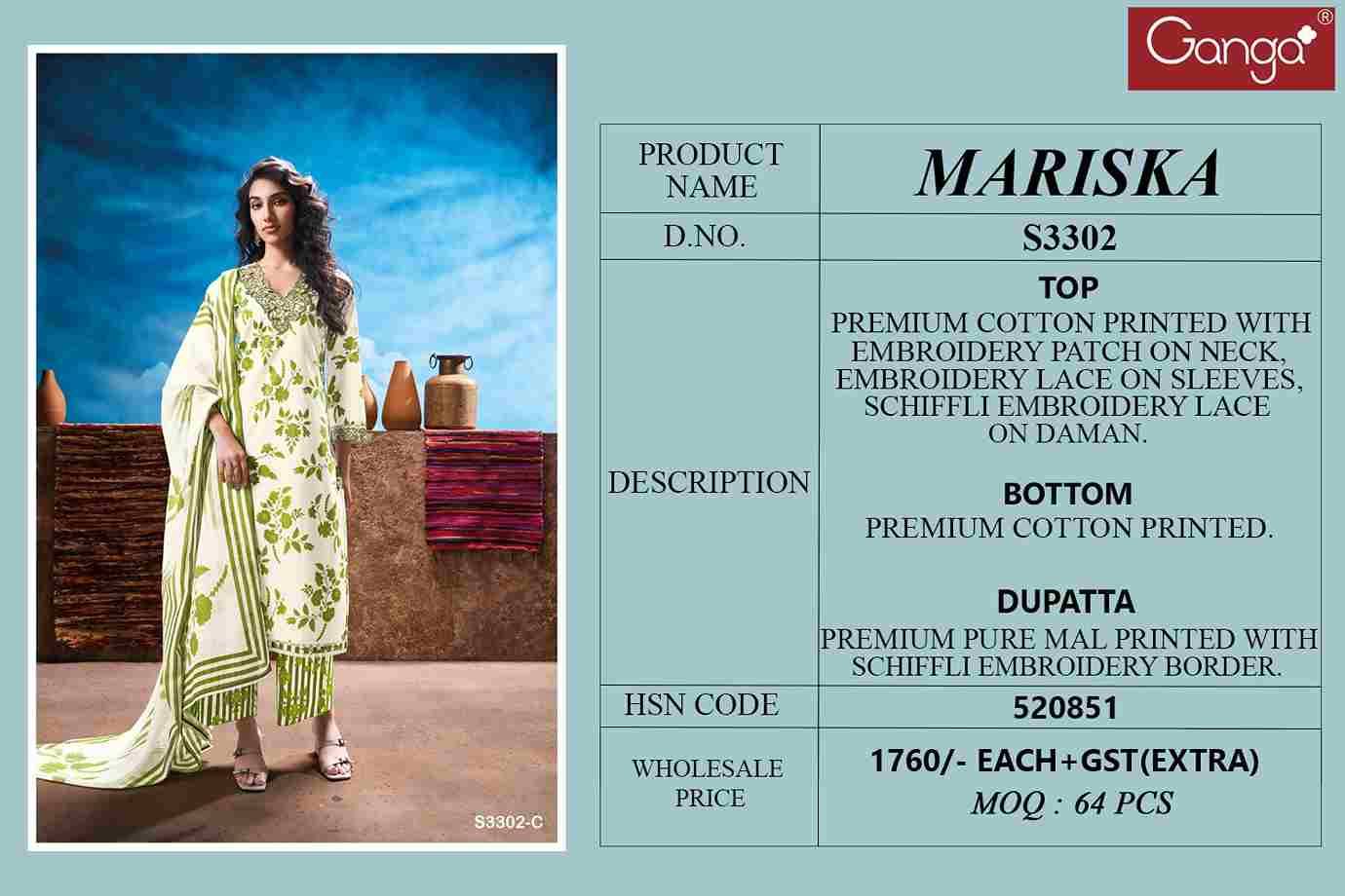 Mariska-3302 By Ganga Fashion 3302-A To 3302-D Series Beautiful Festive Suits Colorful Stylish Fancy Casual Wear & Ethnic Wear Cotton Dresses At Wholesale Price