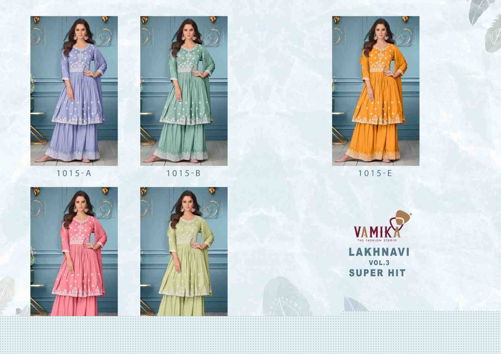 Lakhnavi Vol-3 Super Hit By Vamika 1015-A To 1015-E Series Beautiful Stylish Sharara Suits Fancy Colorful Casual Wear & Ethnic Wear & Ready To Wear Pure Viscose Rayon Printed Dresses At Wholesale Price