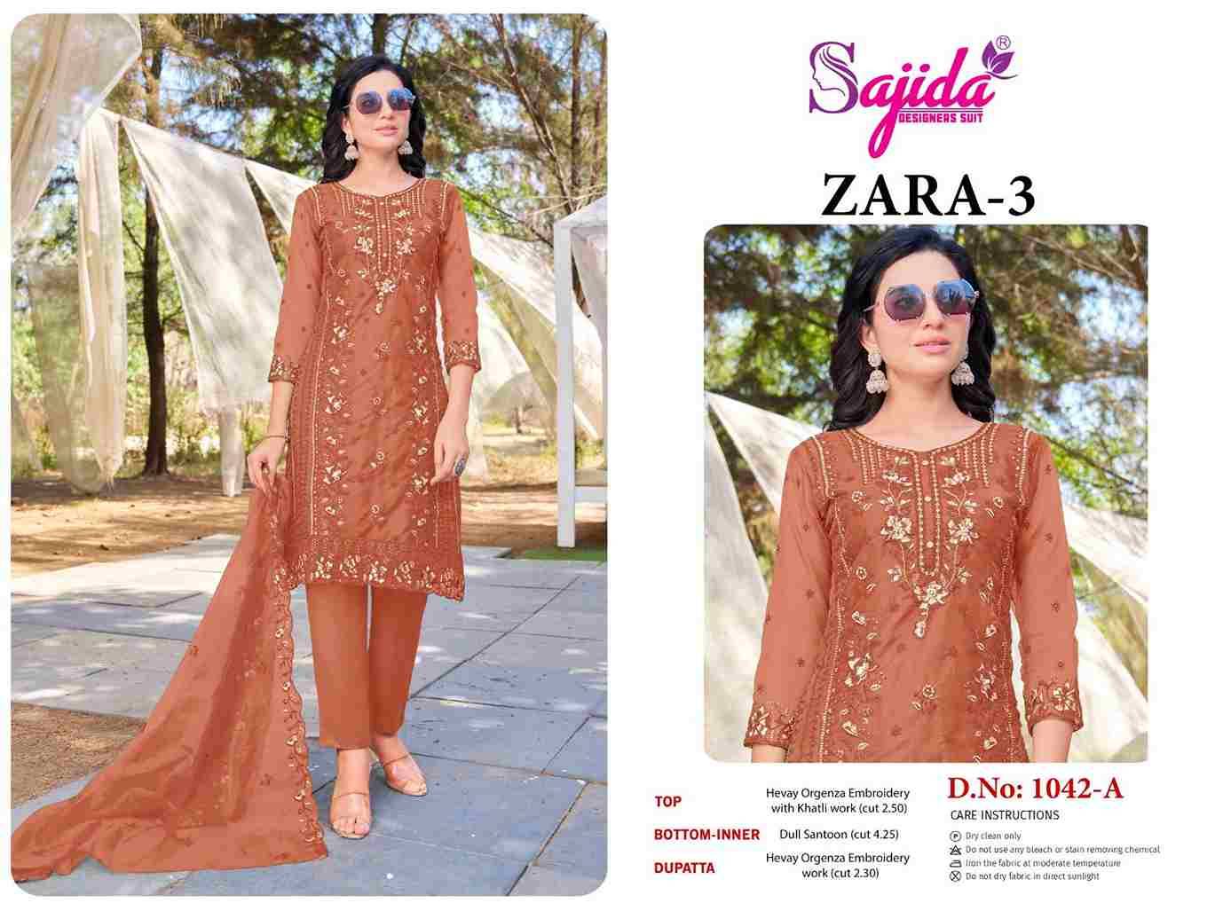 Zara Vol-3 By Sajida Designer Suits 1042-A To 1042-D Series Beautiful Pakistani Suits Colorful Stylish Fancy Casual Wear & Ethnic Wear Heavy Organza Embroidered Dresses At Wholesale Price
