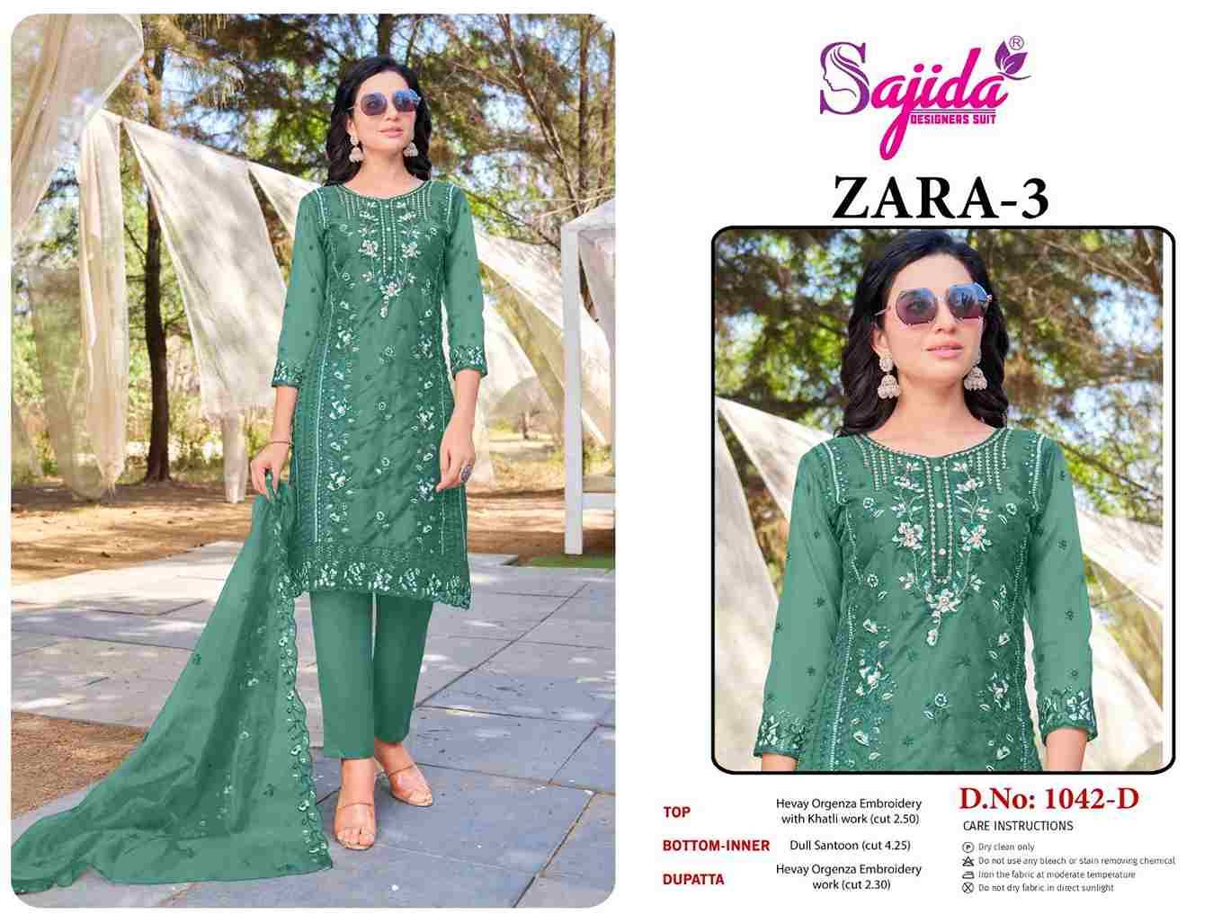 Zara Vol-3 By Sajida Designer Suits 1042-A To 1042-D Series Beautiful Pakistani Suits Colorful Stylish Fancy Casual Wear & Ethnic Wear Heavy Organza Embroidered Dresses At Wholesale Price