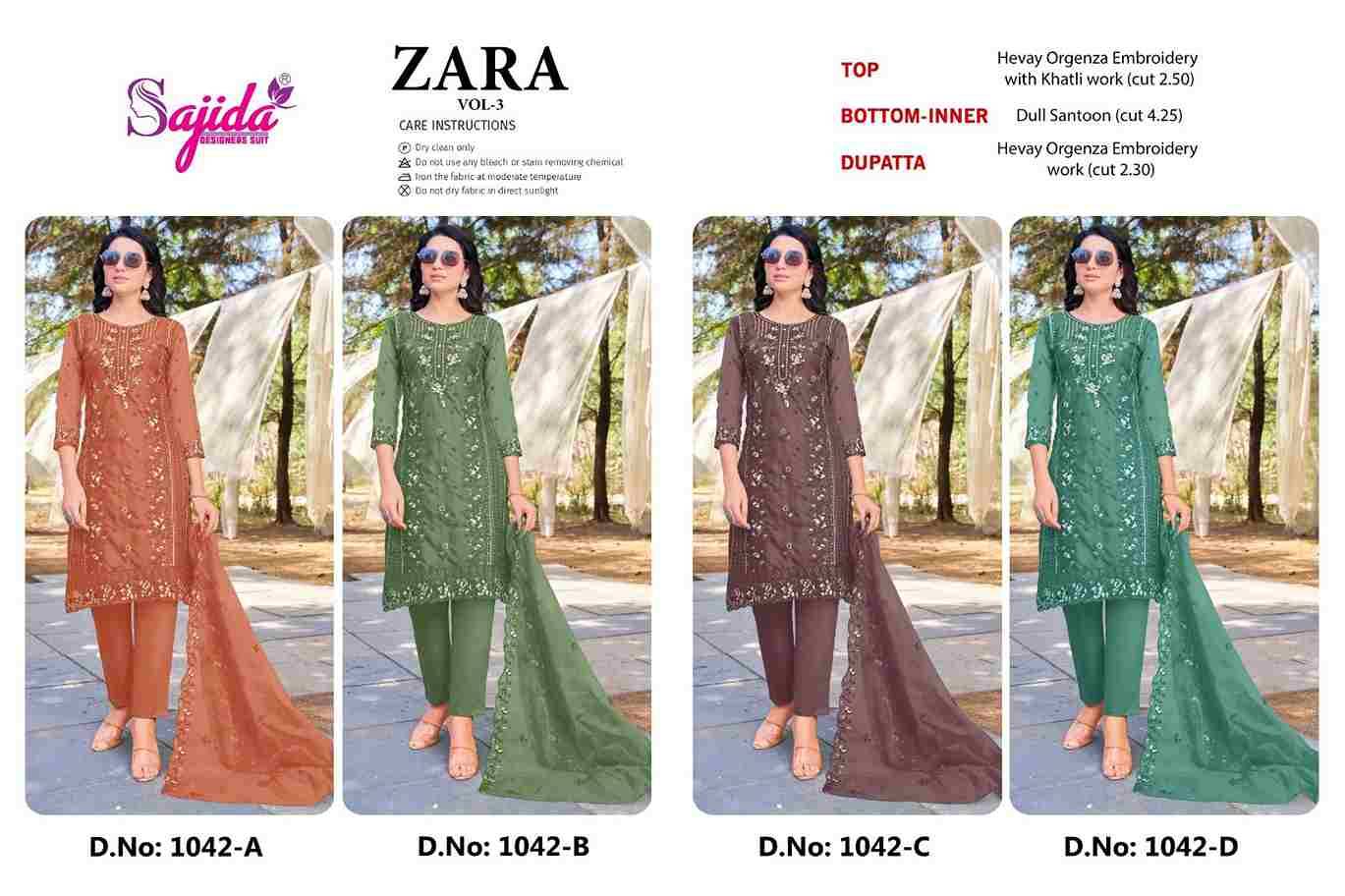 Zara Vol-3 By Sajida Designer Suits 1042-A To 1042-D Series Beautiful Pakistani Suits Colorful Stylish Fancy Casual Wear & Ethnic Wear Heavy Organza Embroidered Dresses At Wholesale Price