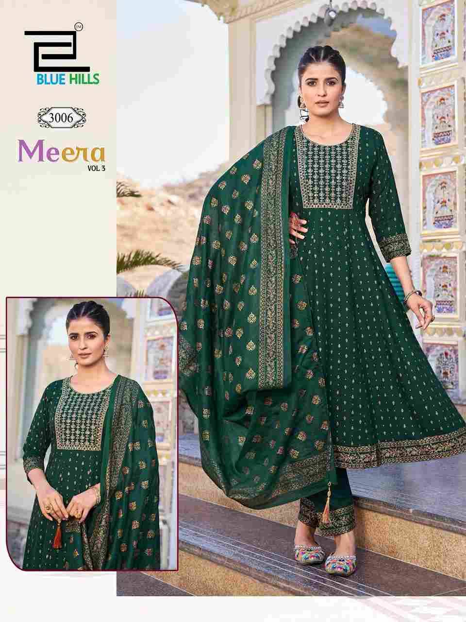 Meera Vol-3 By Blue Hills 3001 To 3007 Series Designer Festive Suits Beautiful Fancy Colorful Stylish Party Wear & Occasional Wear Rayon Dresses At Wholesale Price