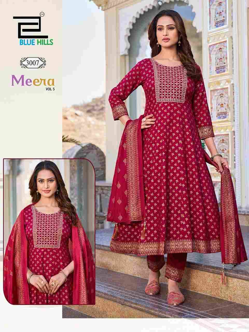 Meera Vol-3 By Blue Hills 3001 To 3007 Series Designer Festive Suits Beautiful Fancy Colorful Stylish Party Wear & Occasional Wear Rayon Dresses At Wholesale Price