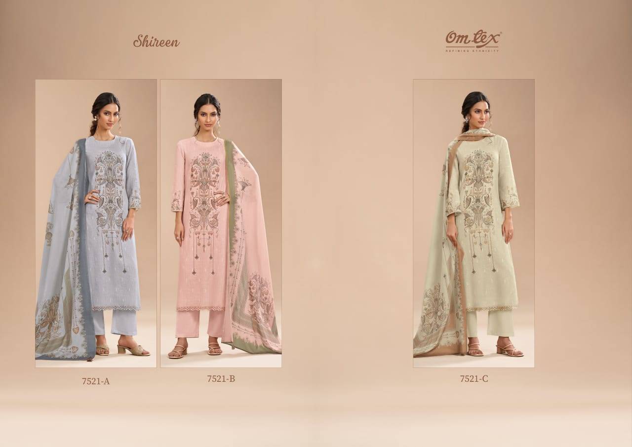 Shireen By Om Tex 7521-A To 7521-C Series Beautiful Suits Stylish Fancy Colorful Party Wear & Ethnic Wear Linen Dresses At Wholesale Price