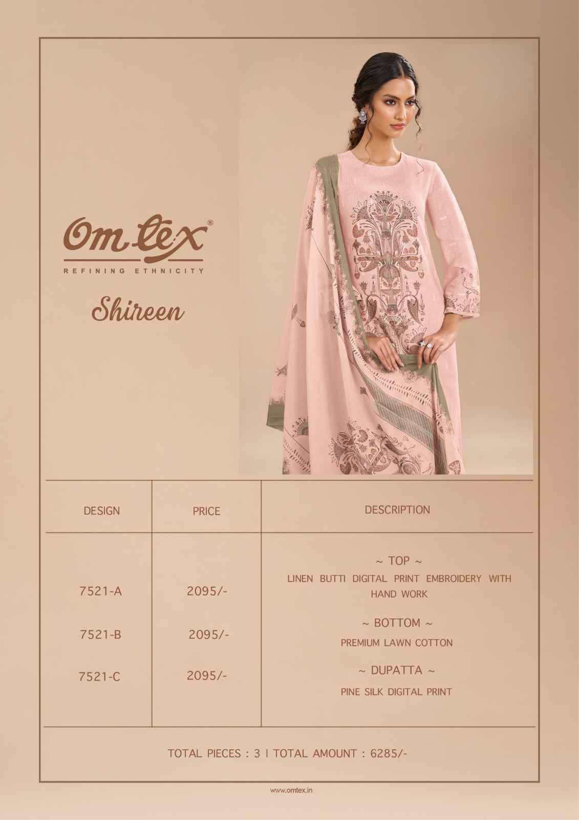 Shireen By Om Tex 7521-A To 7521-C Series Beautiful Suits Stylish Fancy Colorful Party Wear & Ethnic Wear Linen Dresses At Wholesale Price